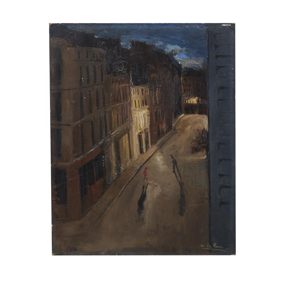 Margit de Corini (1897-1982) Painting: Unframed Margit de Corini (1897-1982) oil on canvas painting depicting an urban night scene with two figures. Signed lower right. Canvas bears illegible stamp verso. Dimensions: 16.12"h x 13"w. De Cor