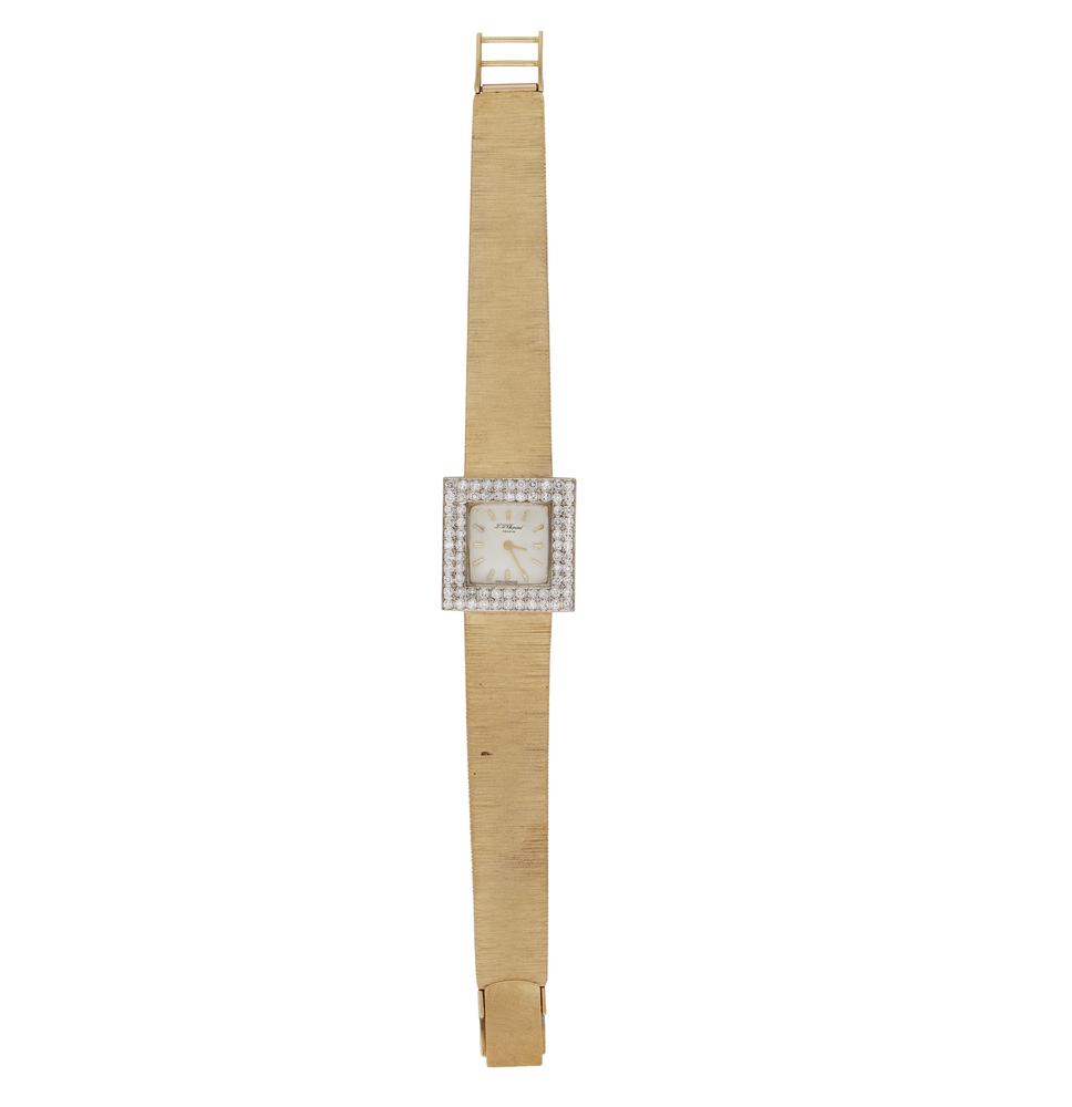 Lady's Chopard 18k Gold and Diamond Watch: Lady's 18k and diamond Chopard wristwatch. White square face dial marked, "L.U.Chopard / Geneve", surrounded by 1 ct TW diamonds. Woven gold bracelet. Total gross weight: 62.1 grams. Total length: app
