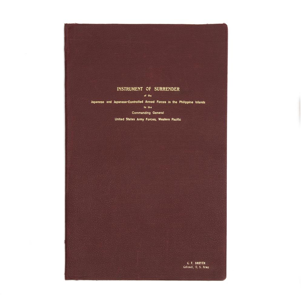 Instrument of Surrender: A remarkable archive including an official copy of the Japanese surrender in the Philippines, signed by General Yamashita the, "Tiger of Malaysia," who was later tried and hanged for war crimes. The