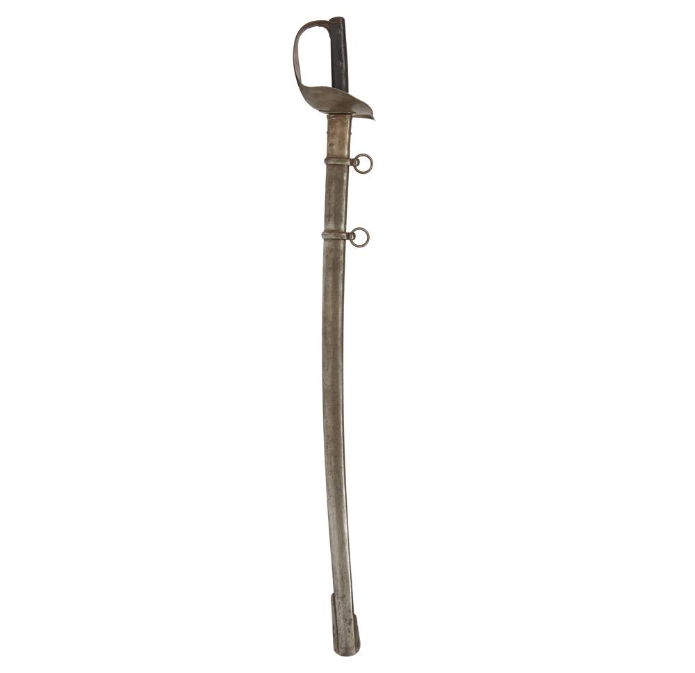 British 1889 Cavalry Saber: A fairly scarce British model 1899 saber, in an earlier pattern scabbard. The blade has a number of issue stamps, including one that may be the Indian 34th or Poona Horse. The guard and scabbard are a