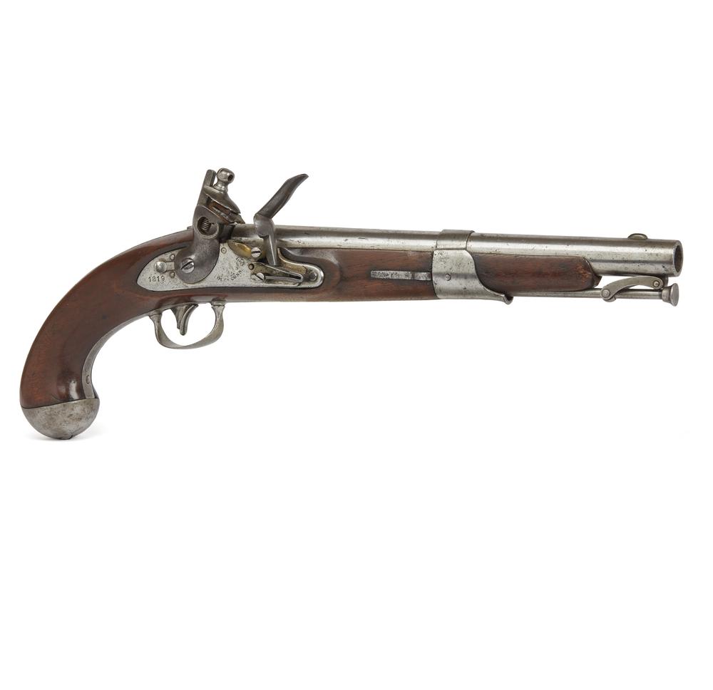 US North Model 1819 Single Shot Martial Flintlock: This is an 1819 Simeon North contract US single shot flintlock pistol, made by North in Middletown Connecticut, in 1819, and so marked on the lockplate. It has marks on the barrel: JD/P, over P, over 