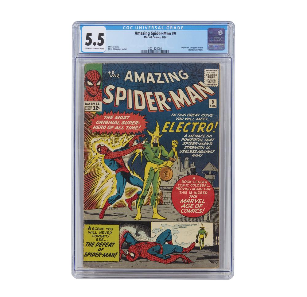 Spider-Man, 1st Appearance of Electro: The Amazing Spider-Man #9, Marvel Comics, 2/64. Stan Lee story, Steve Ditko cover and art. Origin and 1st appearance of Electro (Max Dillon). CGC Universal Grade 5.5 (off white to white pages). Proces