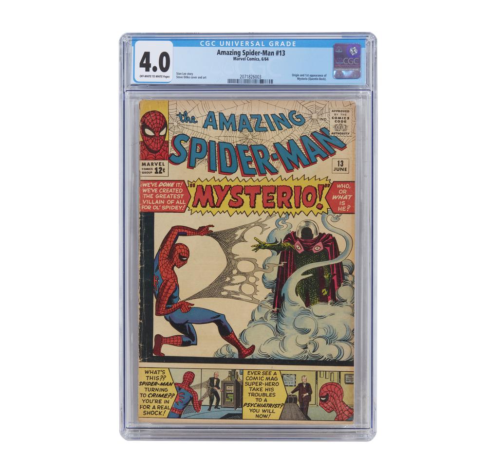 Spider-Man, 1st Appearance of Mysterio: The Amazing Spider-Man #13, Marvel Comics, 6/64. Stan Lee Story, Steve Ditko cover and art. Origin and 1st appearance of Mysterio (Quentin Beck). CGC Universal Grade 4.0 (off white to white pages). Pr