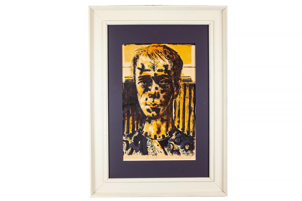 Wayne Thiebaud (b. 1920) Print, "The Boy": Framed Wayne Thiebaud (b. 1020) print, "The Boy". Signed and dated ('53) lower right, numbered "E 8/12" lower center and titled lower left. Dimensions: (sight) 22.5"h x 13.75"w; (overall) 36.5"h x 26.