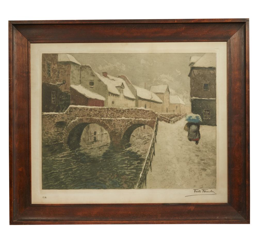 Frits Thaulow (Norway, 1847-1906) "The Wash Women": Framed Frits Thaulow (1847-1906) color etching, "The Wash Women". Signed lower right. "No. 56" lower left. Illegible stamp lower left. Dimensions: (plate) 18.5"h x 23.75"w; (overall) 27"h x 31.5"w. Pr