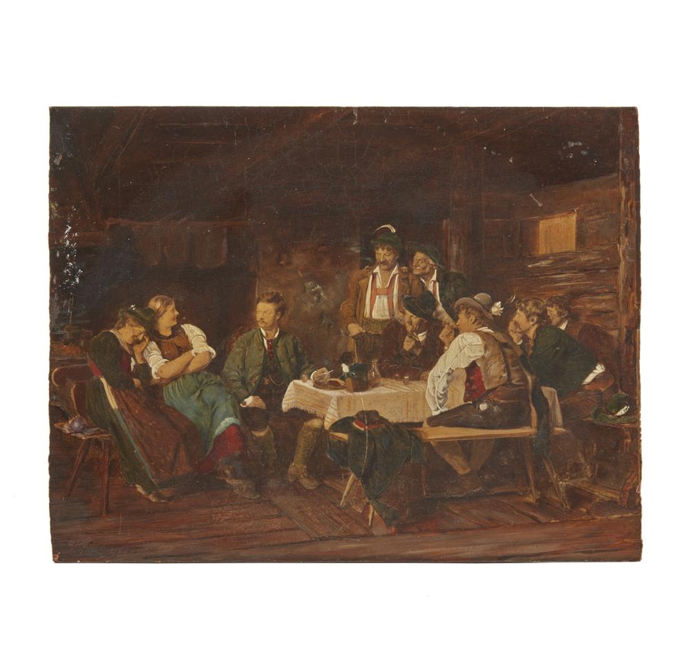 Franz von Defregger (1835-1921) Painting: Unframed Franz von Defregger oil on panel painting depicting an interior genre scene. Signed lower left. Bears label verso, "F.v. Defregger / 1942 Der Salontirolep 1887." Dimensions: 7"h x 9"w. Proces