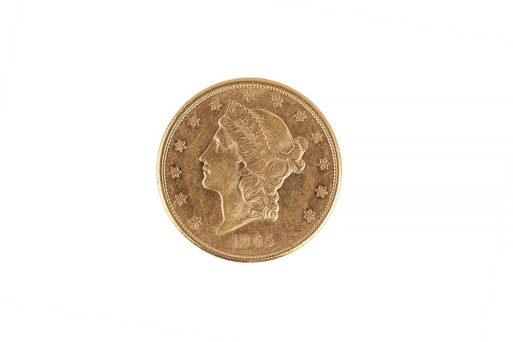 1905 Double Eagle Gold Coin AU: 1905 Double Eagle Gold Coin AU. Processing and shipping within the continental U.S. $25.00 plus 1.5% replacement cost insurance.