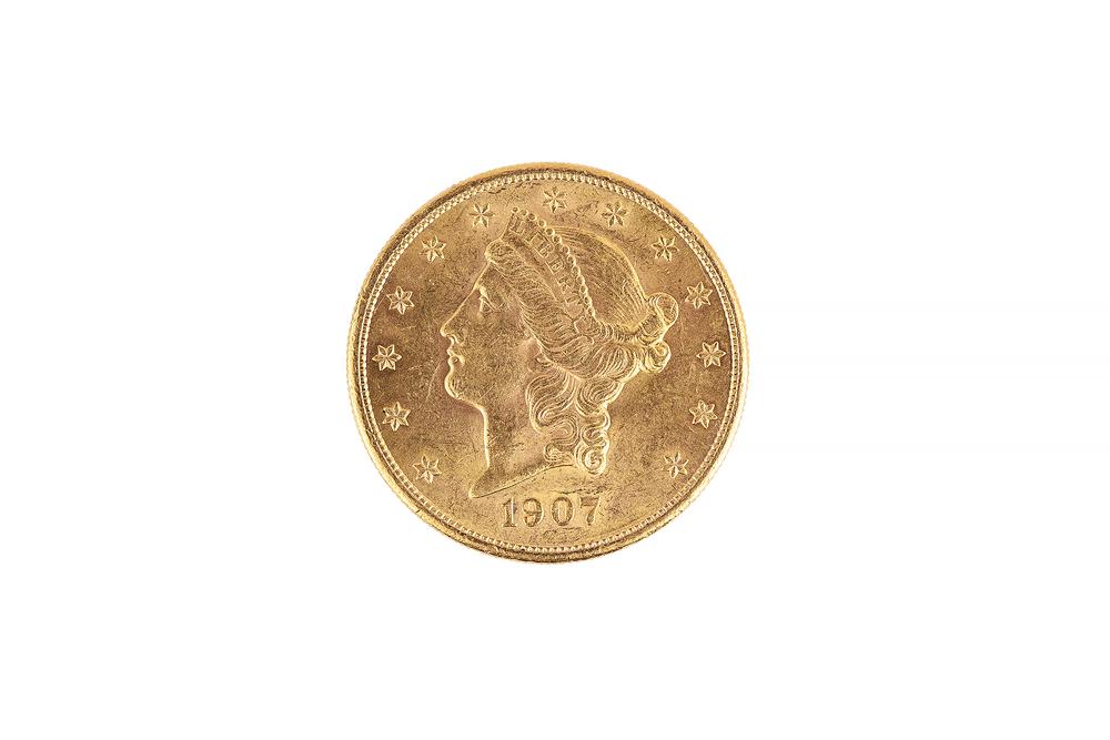 1907 $20 Gold Double Eagle Coin: 1907 $20 Gold Double Eagle coin. Processing and shipping within the continental U.S. $25.00 plus 1.5% replacement cost insurance.