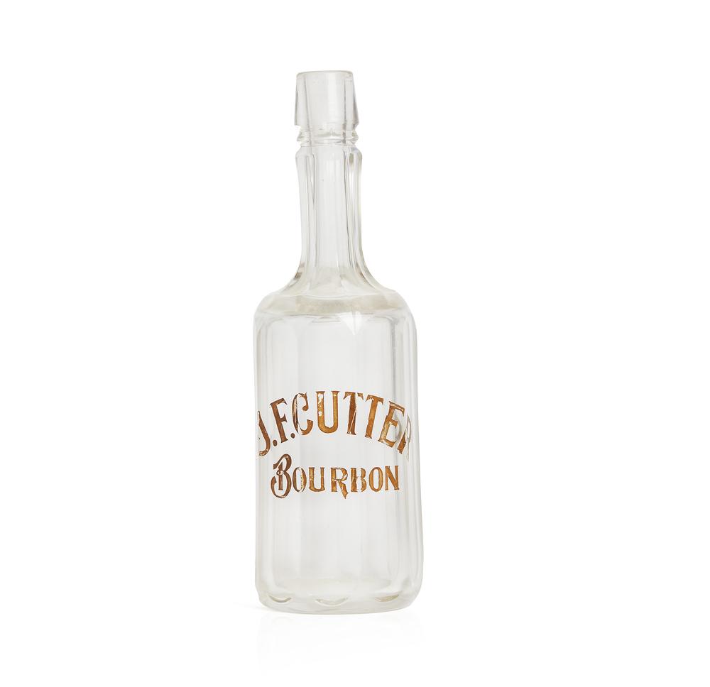 J.F. Cutter Back Bar Bottle: J.F. Cutter back bar bottle. Dimensions: 11.37"h. Processing and shipping within the continental U.S. $40.00 plus 1.5% replacement cost insurance.Ê