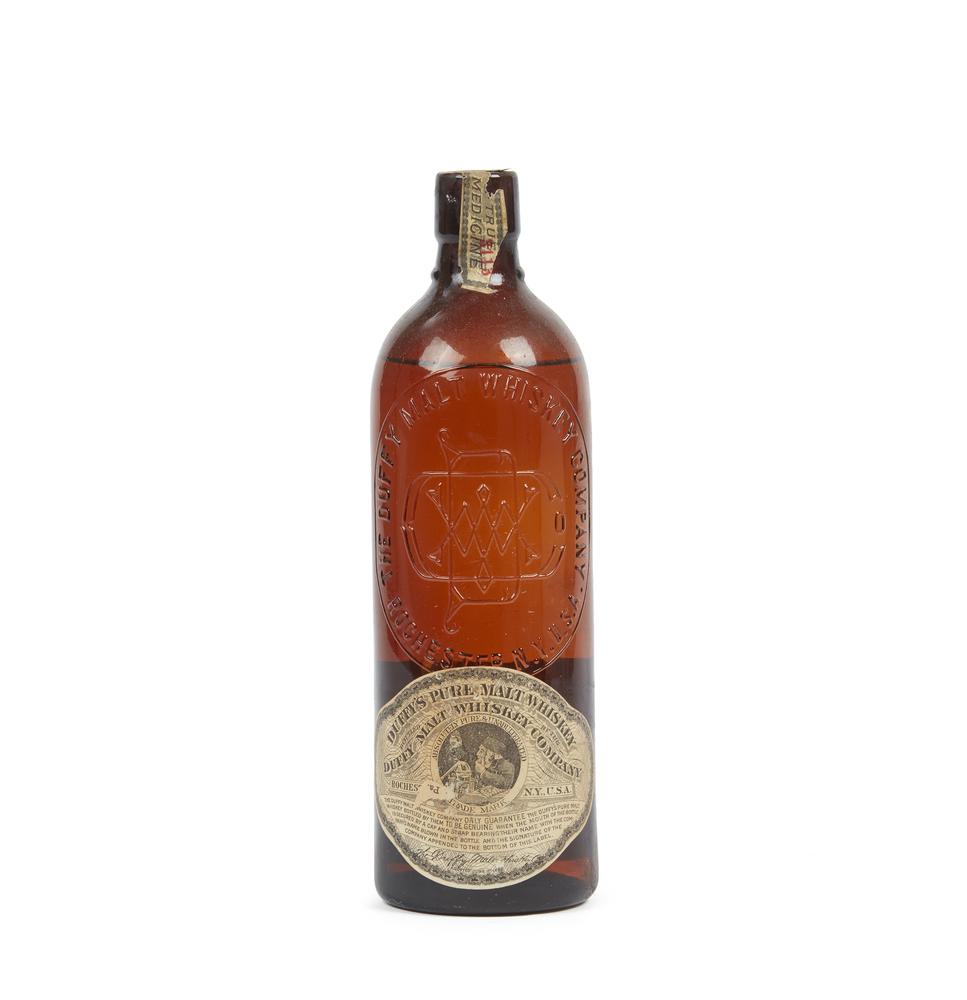 Unopened Duffy's Malt Whiskey in Original 1913: Unopened bottle of Duffy's Pure Malt Whiskey, Rochester, N.Y. Dimensions: 10"h. Has label as well as impressed on bottle, in original 1913 wrapping. Processing and shipping within the continental U.S.