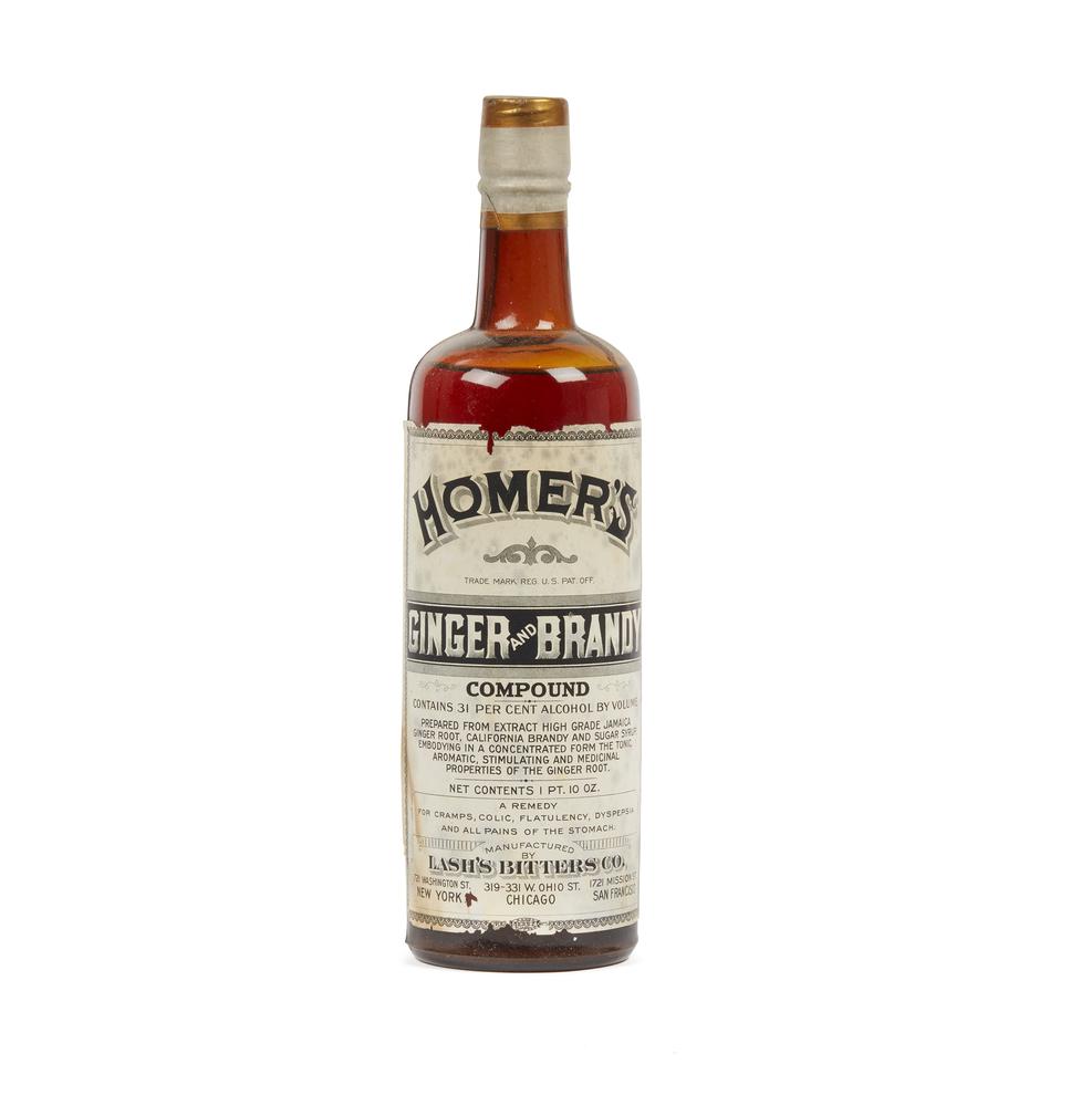Unopened Lash's "Homer's Ginger and Brandy Compound": Unopened bottle of Lash's Bitters Co., San Francisco, "Homer's Ginger and Brandy Compound". Dimensions: 11.37"h. Processing and shipping within the continental U.S. $32.00 plus 1.5% replacement cost i