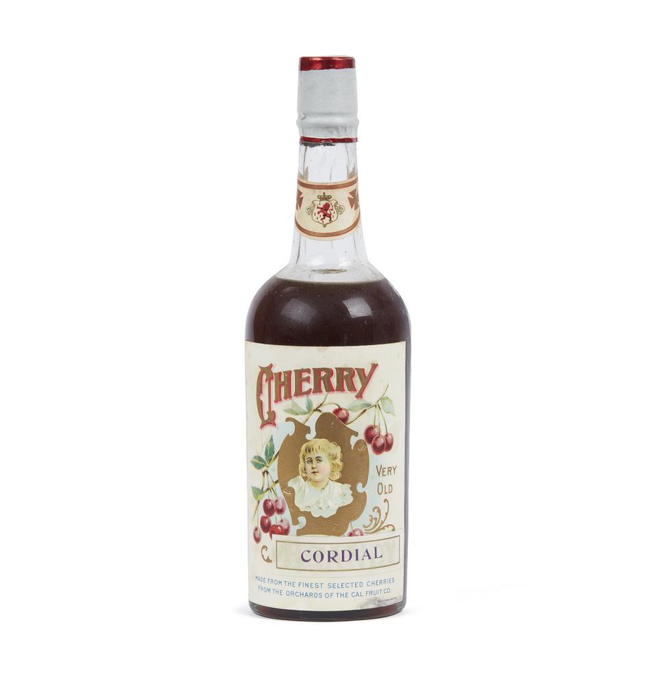 Unopened California Cherry Cordial: Unopened bottle of Cherry Cordial, "Made from the Finest Selected Cherries / From the Orchards of the Cal. Fruit Co." Dimensions: 11.12"h. Processing and shipping within the continental U.S. $32.00 pl
