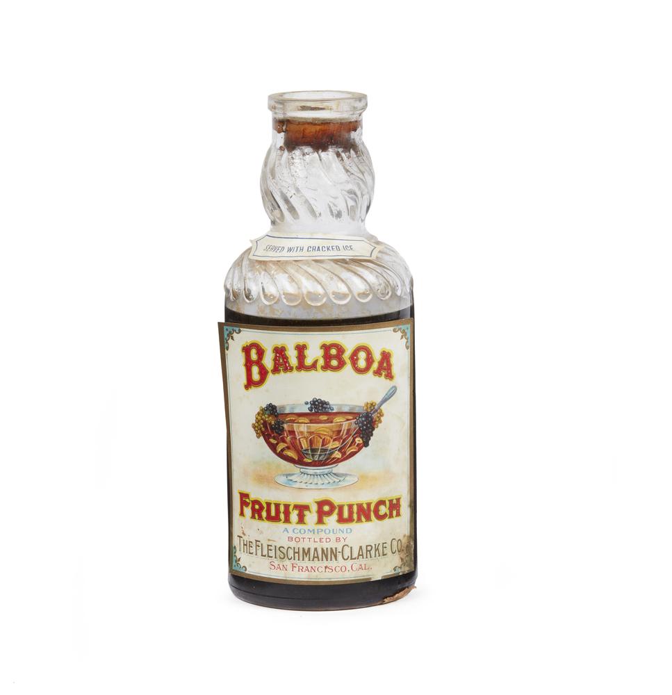 Unopened Balboa Fruit Punch: Unopened bottle of Balboa Fruit Punch, a compound bottled by The Fleischmann-Clarke Co., San Francisco, Cal. Dimensions: 9.5"h. Processing and shipping within the continental U.S. $32.00 plus 1.5% rep