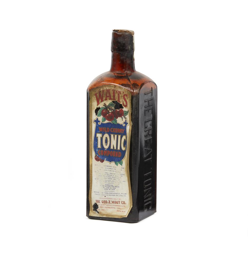 Unopened Wait's Wild Cherry Tonic Compound: Unopened Wait's Wild Cherry Tonic Compound, The Geo. Z. Wait Co., Sacramento, Cal. Dimensions: 9"h. Processing and shipping within the continental U.S. $25.00 plus 1.5% replacement cost insurance.