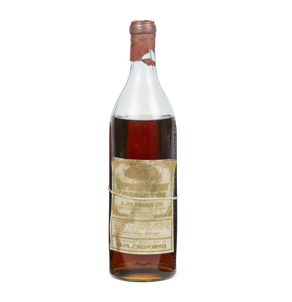 Unopened Repsold Medicinal Brandy: Unopened bottle of Repsold Medicinal Brandy, Cognac type. A. Repsold Co., San Francisco, California. Dimensions: 11.5"h. Processing and shipping within the continental U.S. $32.00 plus 1.5% replacemen