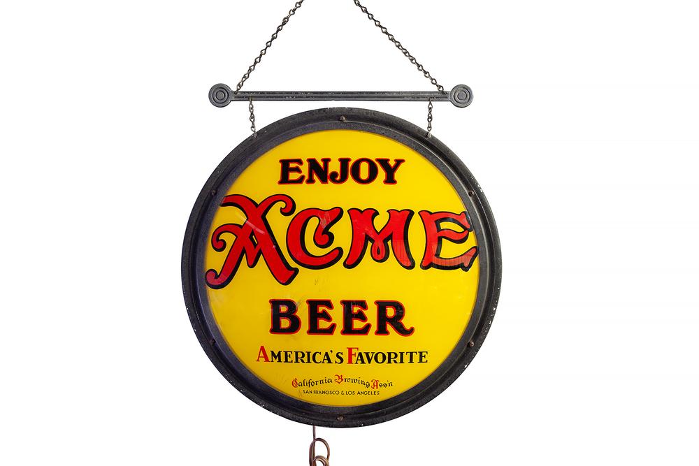 "Enjoy ACME Beer" Reverse Glass Light Up Advertisement: "Enjoy / ACME / Beer" reverse painted glass light up advertisement sign. California Brewing Ass'n, San Francisco & Los Angeles". Dimensions: (glass sight) 14.25" diameter; (overall) 17" diameter. Proc