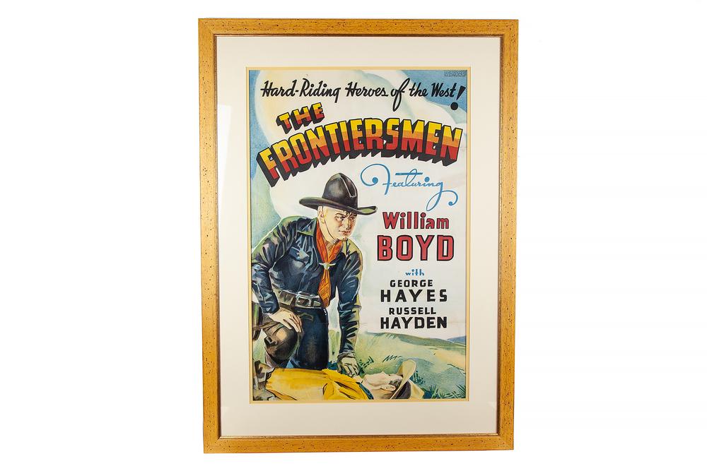 The Frontiersmen (Paramount, 1938): Framed poster, "The Frontiersman". Dimensions: (sight) 38.25"h x 25"w; (overall) 50.5"h x 36.5"w. The Frontiersmen is a 1938 American Western film directed by Lesley Selander and written by Norman Hou