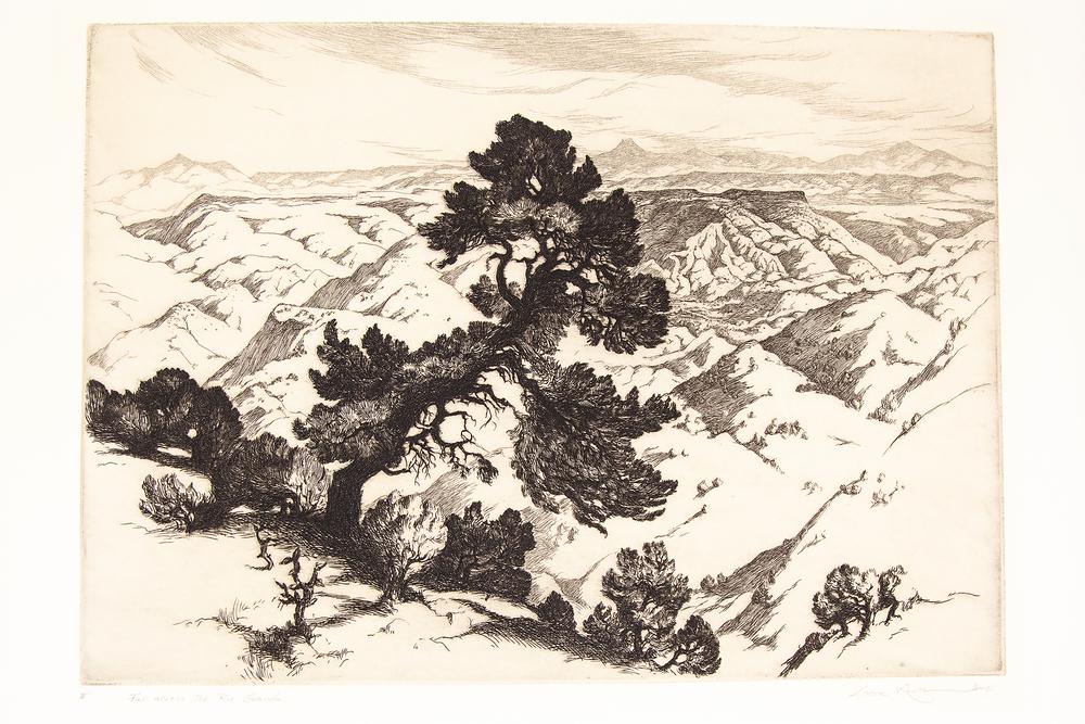 Gene Kloss (1903-1996) Etching, "Far Across The Rio: Unframed Gene Kloss (1903-1996) etching, "Far Across The Rio Grande", state II. Signed in pencil lower right, "Gene Kloss Imp." and titled lower left, in pencil, "II Far across The Rio Grande". Dimens