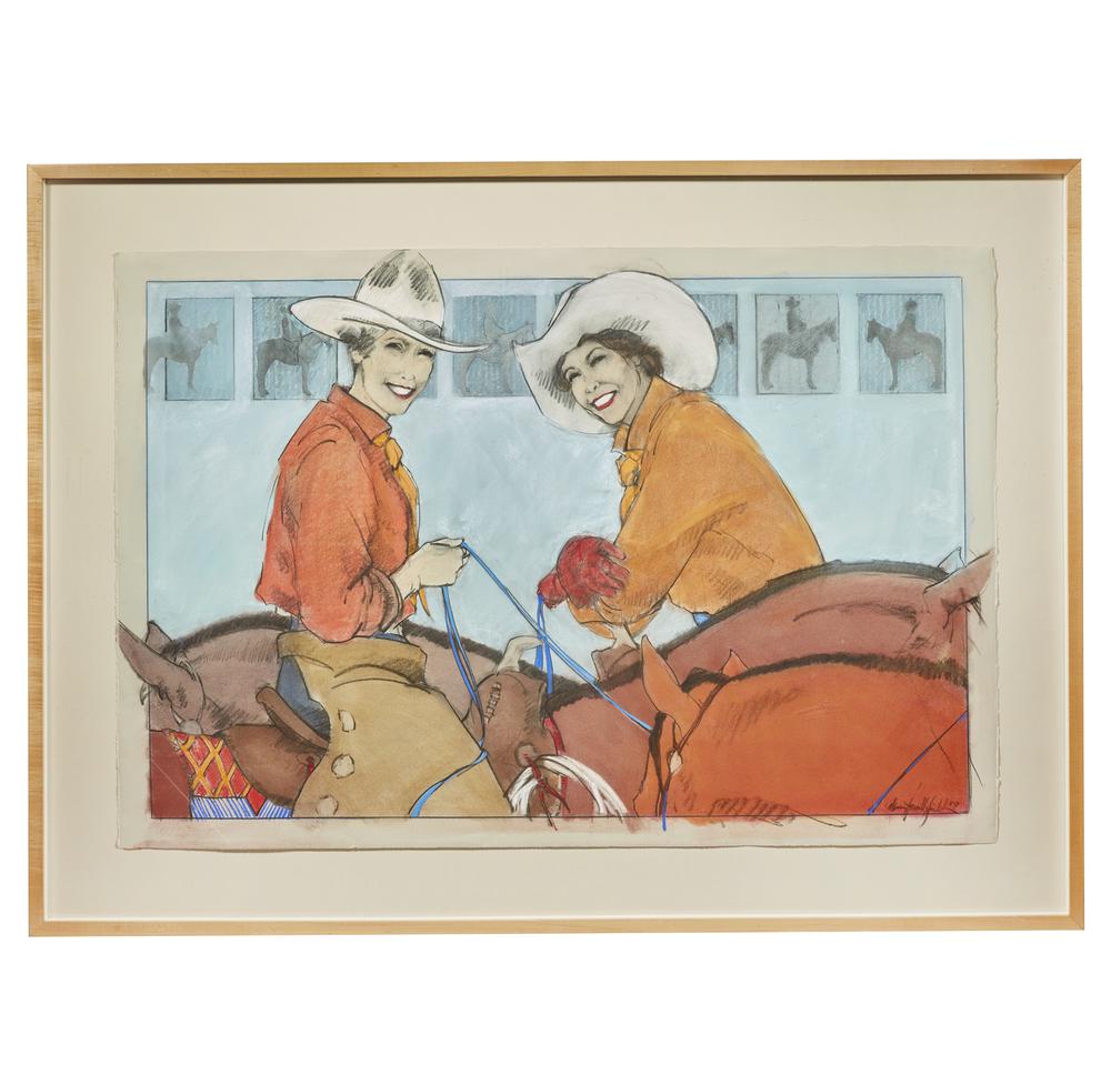 Donna Howell-Sickles (b. 1949) Mixed Media: Framed Donna Howell-Sickles (b. 1949) mixed media on paper depicting two cowgirls. Signed and dated ('03) lower right. Bears Framer's Workshop, Scottsdale, AZ label verso. Dimensions: (sight) 30.25"h