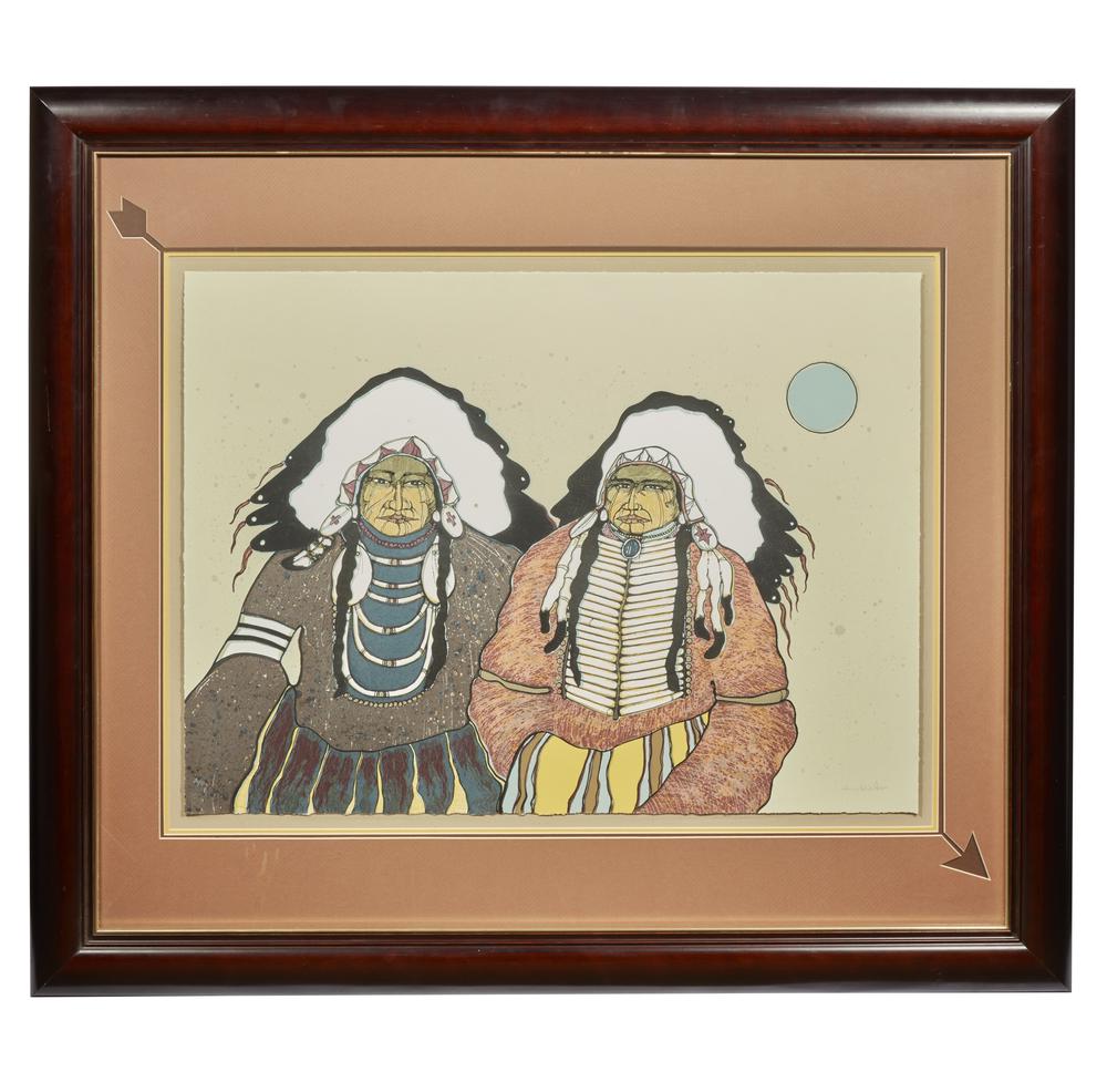Kevin Red Star (b.1943) Lithograph: Framed Kevin Red Star (b. 1943) lithograph depicting two Native American men in headdresses. Signed lower right and numbered "A/P" lower left. Dimensions: (sight) 20.5"h x 30.5"w; (overall) 37.75"h x 