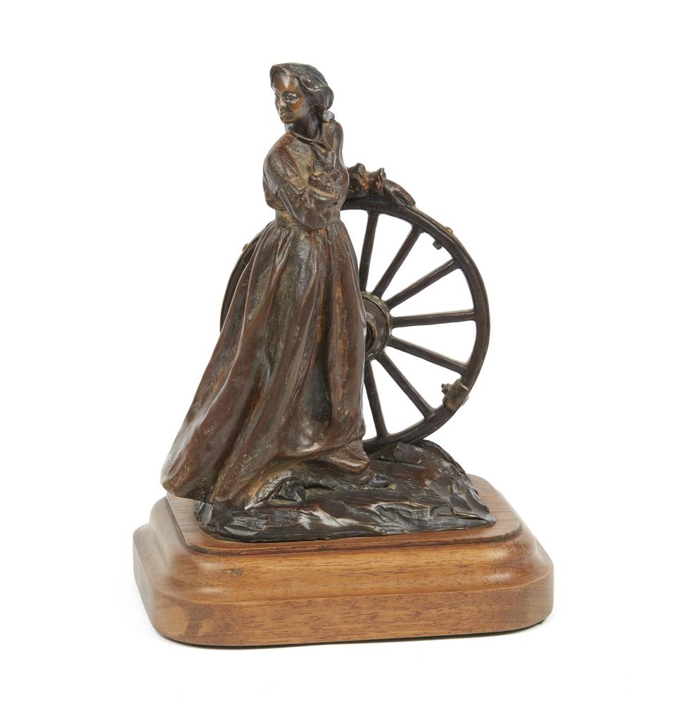Veryl Goodnight (b. 1947) Bronze: Veryl Goodnight (b. 1947) bronze on wood plinth depicting a female figure holding a wagon wheel. Signed and dated at base ("Goodnight / 1995") and numbered 62/150. Dimensions: (bronze) 6.5"h; (overall