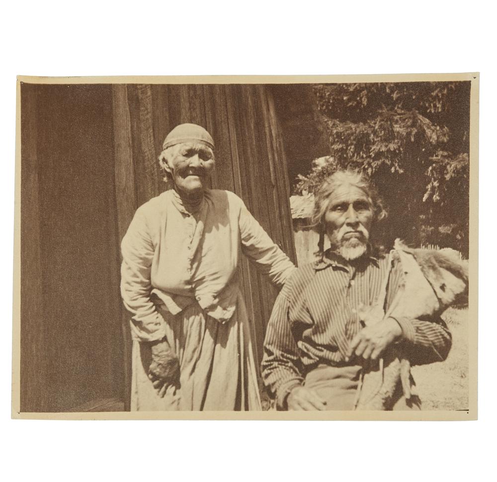 Grace Nicholson Photograph of Karok Indians: Photograph of ÊKarok Indian man (holding native quiver) and woman by Grace Nicholson. Handwritten in ink description verso. Stamped, verso, "Photo by Grace Nicholson, Pasadena, Cal." Dimensions: (ove