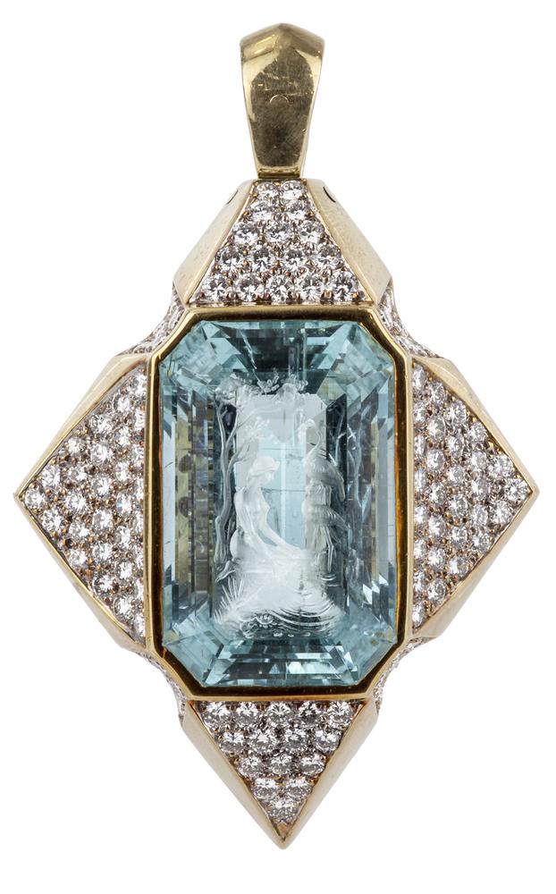 Aquamarine Intaglio Diamond 18k Pendant: 18k aquamarine intaglio and diamond pendant containing a single rectangular emerald cut aquamarine (67.32 ct with a lady and swans in pond intaglio carved into the table facet. Accented by 9.03 ct TW 
