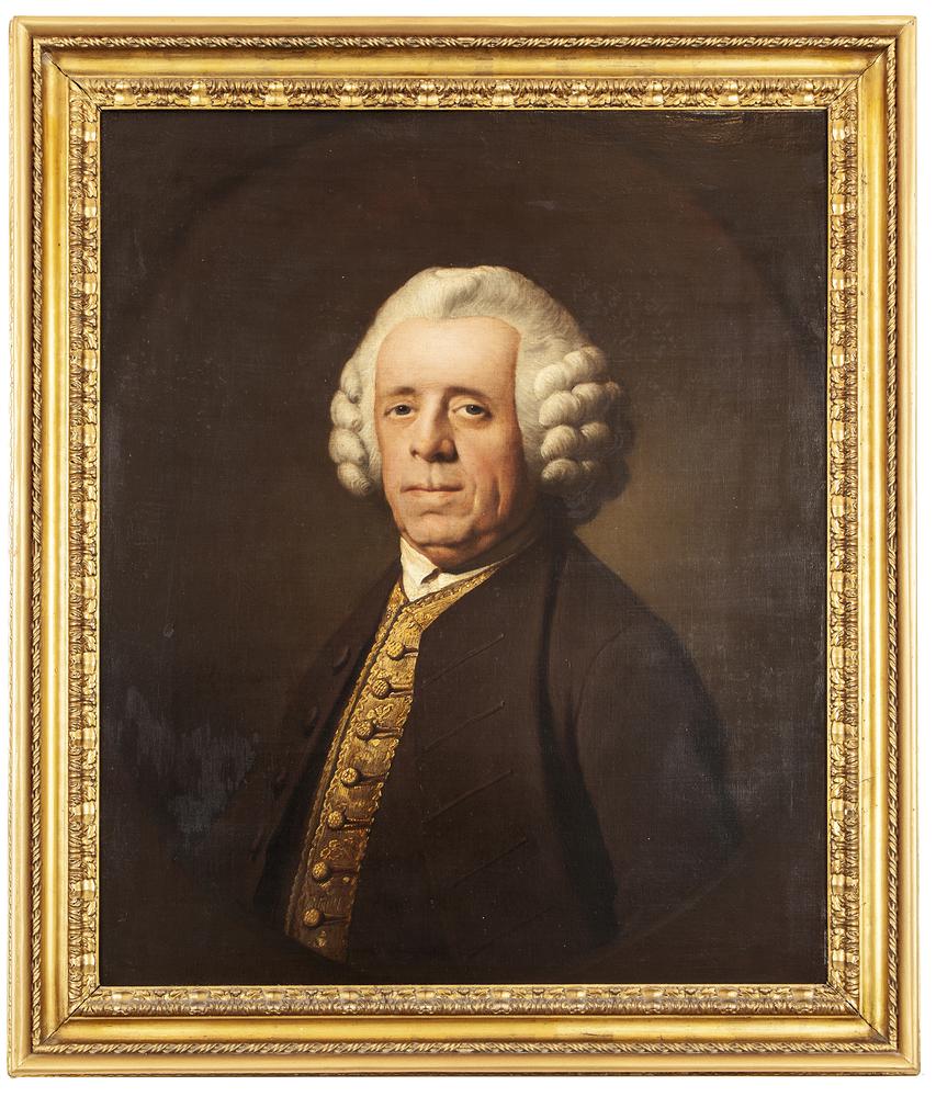 John Singleton Copley (1738-1815) Portrait of William: Framed John Singleton Copley portrait painting of William Banbury, Esq. It is a half length portrait of the gentleman in a brown jacket and gold waistcoat. It appears to be unsigned. According to the