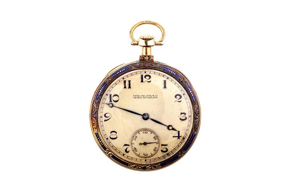 Presentation Patek Philippe 18k Gold Pocket Watch: Patek Philippe 18k gold enamel Presentation pocket watch. 18 jewels, 8 adjustments. Serial number 190082. Back of case bears monogram and interior of case inscribed, "Horace L. Wilkinson / a token of