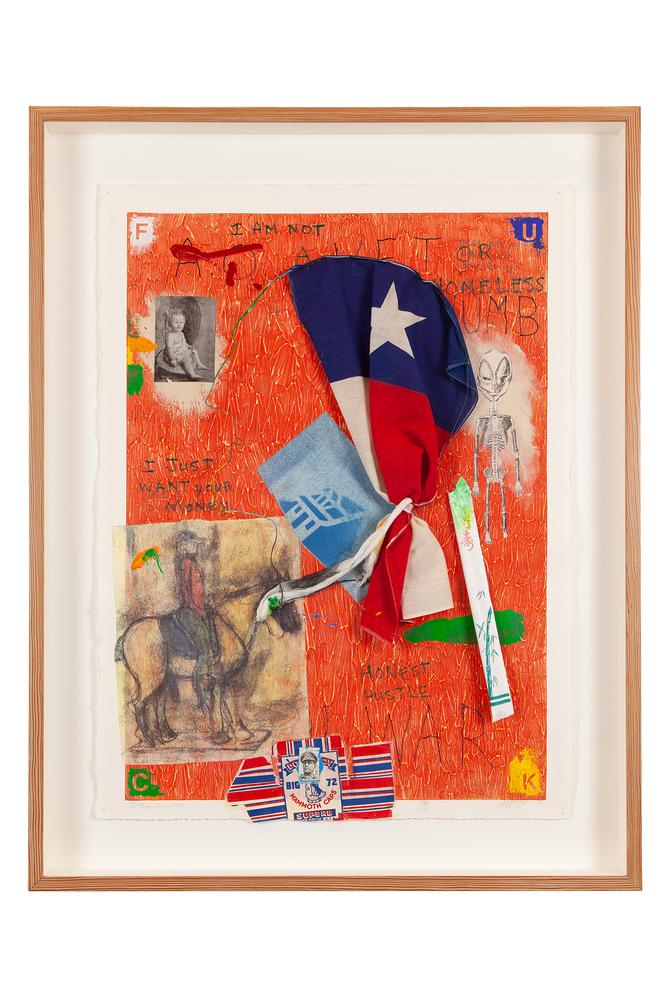 William T. Wiley (b. 1937), Richard Shaw (b.1941),: Shadow box framed William Wiley (b. 1937), Robert Shaw (1941), Robert Hudson (b. 1938) collagraph, mixed media mono print, hand painted work, "Vet". Signed and dated ('97) lower right and lower left.