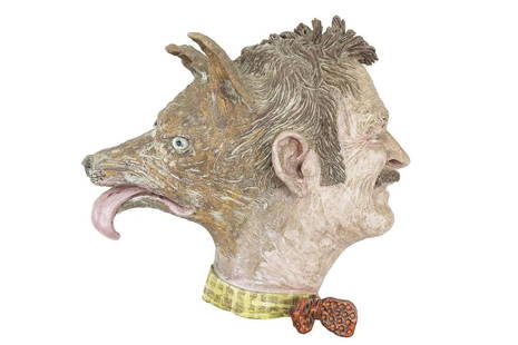 Robert Arneson (1930-1992) Ceramic Wall Hanging, "Dog: Robert Arneson (1930-1992) ceramic wall hanging, "Dog and Roy", circa 1979, depicting a portrait of Roy De Forest and a dog head. Signed under base, titled (incised) verso.Dimensions: 19"h x 19.5"w x