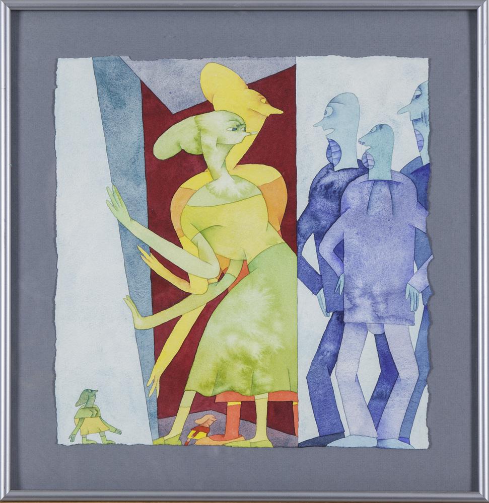 Gladys Nilsson (b. 1940) Watercolor, "Boys in Blue" (1 of 2)