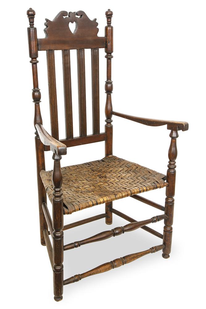 Turned Maple Heart-and Crown Bannister Back Armchair: Turned maple heart-and -crown bannister back armchair. New England. 1740-1770. Dimensions: 43.5"h. Please contact Delbert McCrea (831-566-6088) for shipping quote. 
