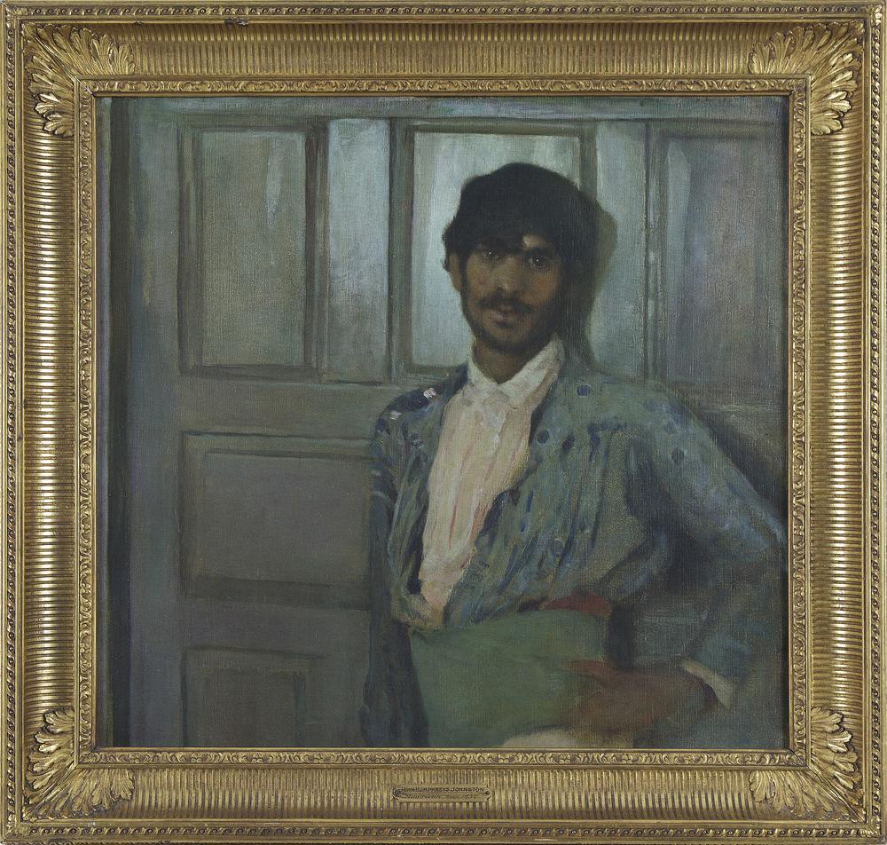 John Humphreys Johnston (1857-1941) Painting: Framed John Humphreys Johnston (1857-1941) portrait painting of a young male. "Wilstach Gallery" and "W-96-1-3" stamped verso. No visible signature. Illegible partial label stretcher bars verso. Pleas
