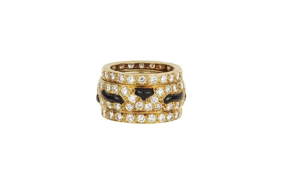 18k Gold Band with Diamonds and Onyx, 10.6 grams: Cartier replica 18k band (3 rings soldered together) containing 92 round brilliant diamonds (3.78 ct TW / VS / FG). Accented with black onyx. Total gross weight: 10.6 grams. Ring size: 5. Processing a