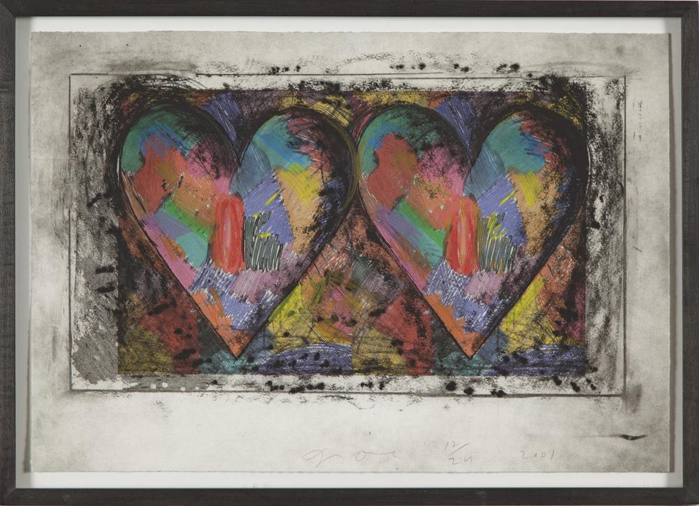 Jim Dine (b. 1935) Mixed Media, "Christmas Print 2001": Framed Jim Dine (b. 1935) mixed media, "Christmas Print 2001". Drypoint, direct gravure etching over offset lithograph with hand coloring by artist. Printed bt Pace Prints. Signed, numbered (12/24) an