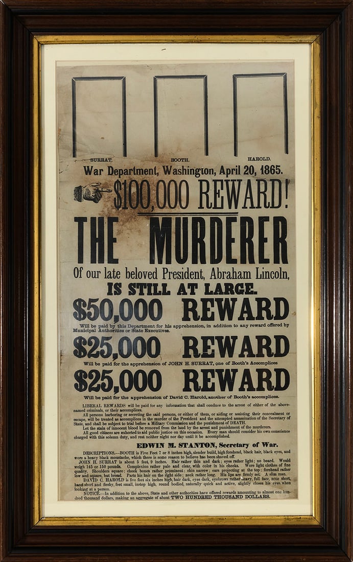 Lincoln Assassination Reward Poster, 1865 - 4th State Broadside: Rare original 4th state of the John Wilkes Booth assassination reward broadside, issued by the U.S. War Department on April 20, 1865, offering a combined $100,000 reward for the capture of Booth, John