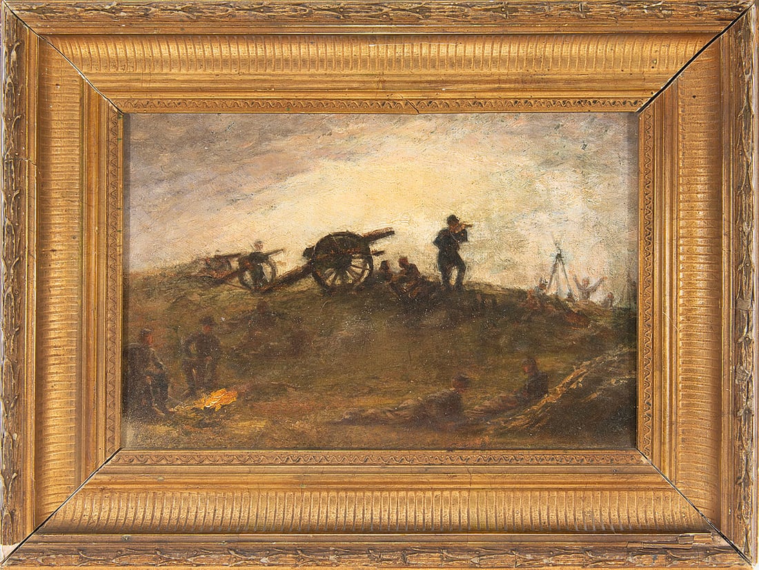 American School, "Civil War Encampment with Artillery," ca. 1865: Oil on canvas depicting Union soldiers and field artillery at dusk, silhouetted against a luminous sky. Period canvas from Frost & Adams, Boston (stretcher stamp). A handwritten note affixed to the re