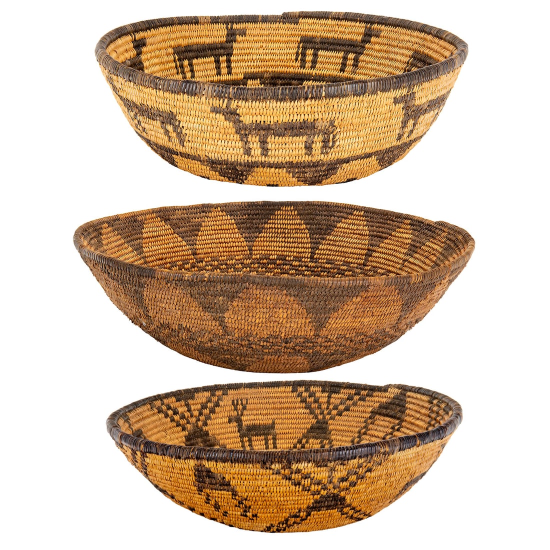 Group of Three Southwest Coiled Baskets: A group of three Southwest Native American coiled baskets, comprising two Apache pictorial trays and one Yavapai example. One Apache basket features silhouetted horses above a negative zigzag band, wh