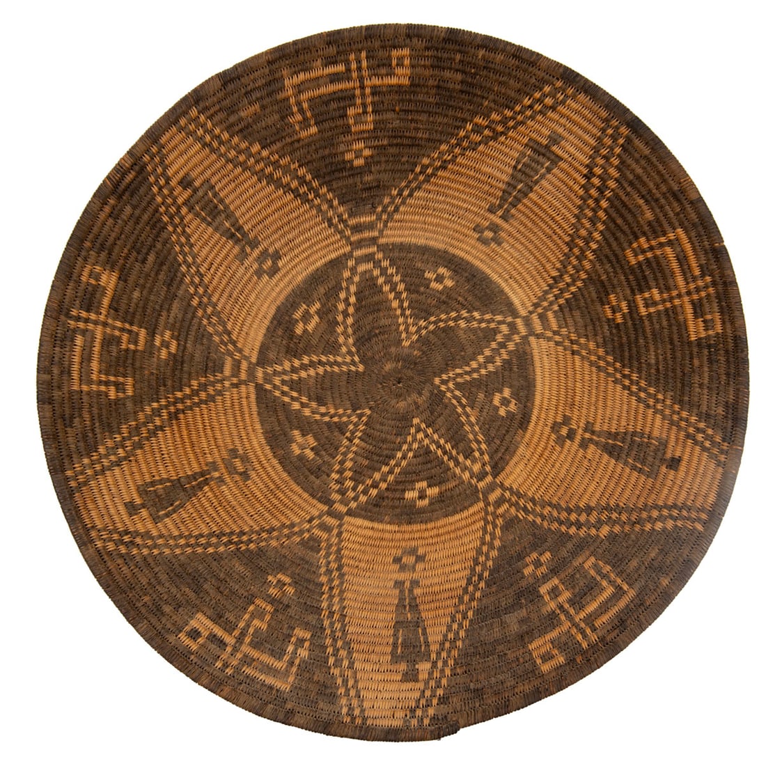 Yavapai Coiled Pictorial Basketry Tray: Woven in willow and devil's claw with a negative 5-petal rosette and small crosses at the start, male figures and small crosses in a 5-petal rosette above, and negative "whirling logs" motifs encircli