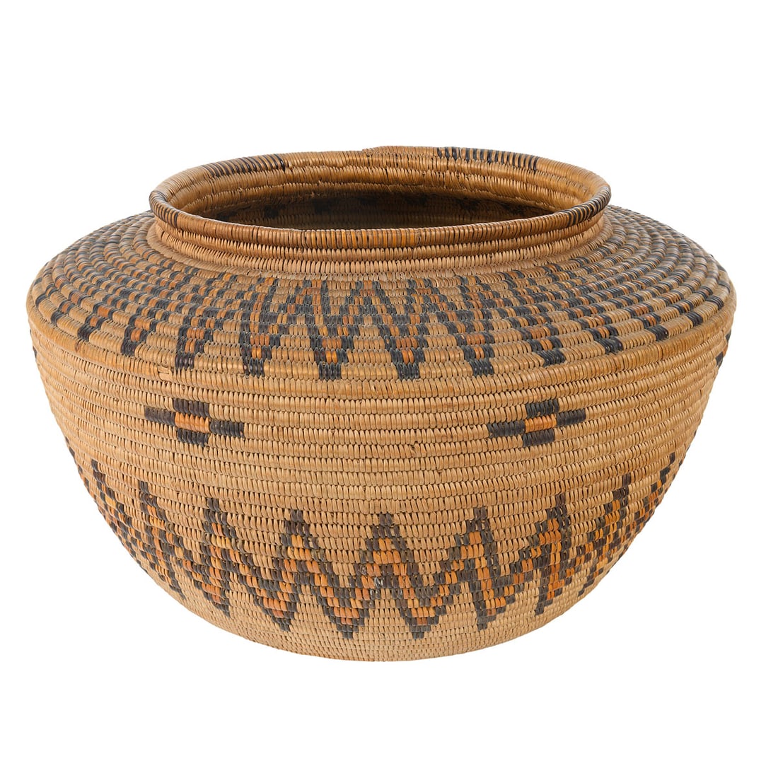 Panamint (Koso / Shoshone) Polychrome Coiled Basket: A finely woven Panamint (Koso / Shoshone) coiled basket from the Indigenous communities of the Owens Valley, Panamint Range, and Death Valley region of eastern California and western Nevada. Worked in