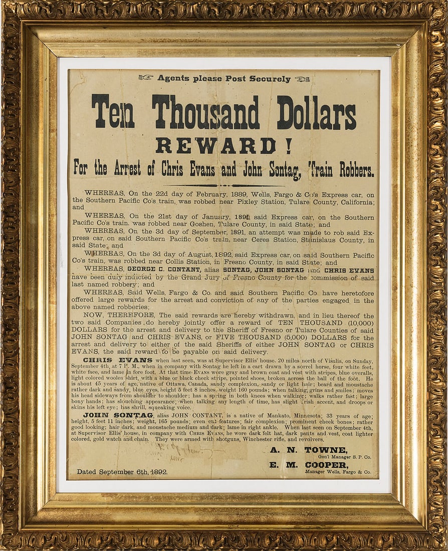 Ten Thousand Dollars Reward Poster for Chris Evans and John Sontag, 1892 (1 of 5)