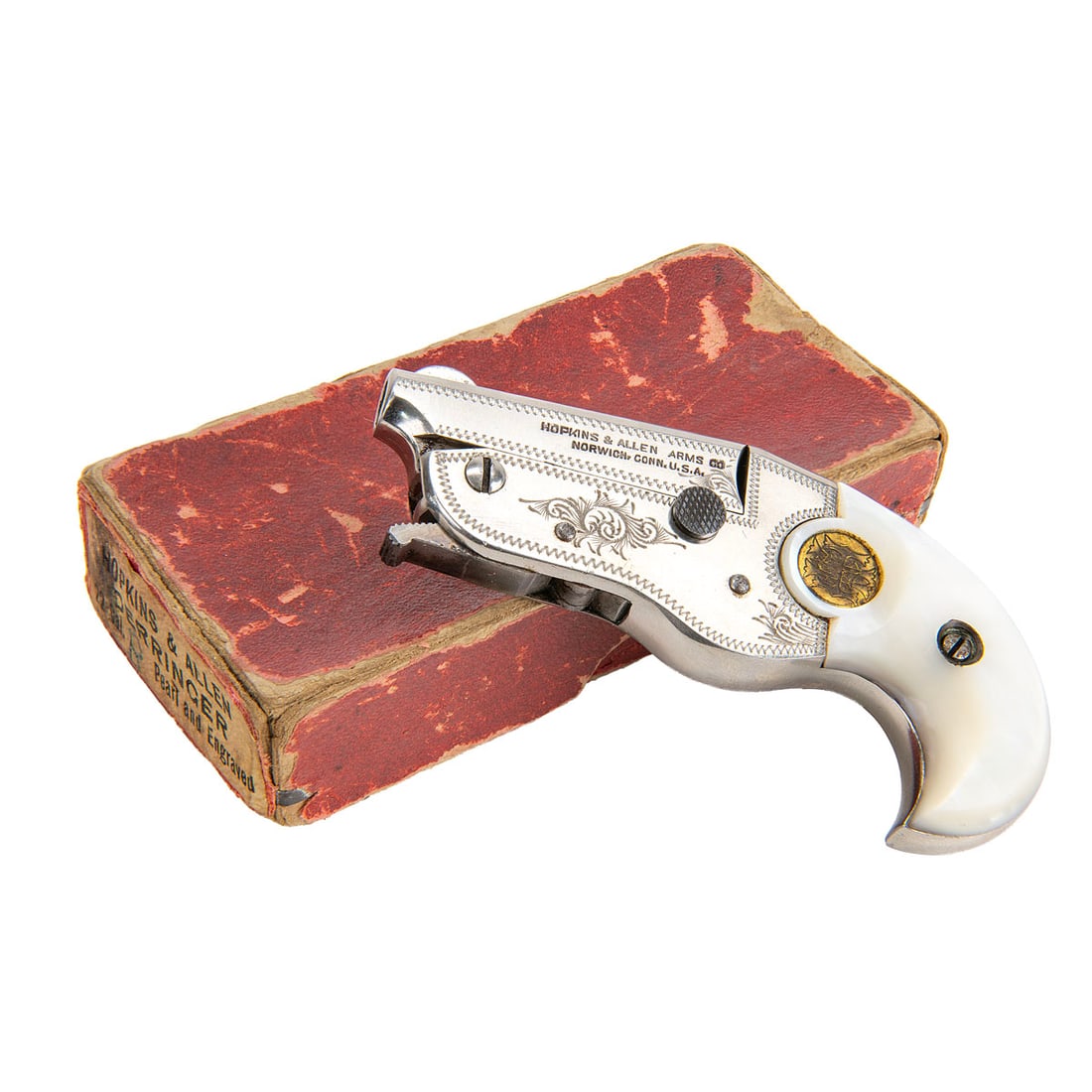 Extremely Rare Published Engraved Hopkins & Allen Vest Pocket Derringer in Original Period: .22 RF Short. 1.75" barrel. SN:1043. Full nickel finish with engraved frame, color casehardened trigger and gilt H&A medallion smooth mother of pearl grips. Left side of barrel marked "HOPKINS & ALLEN
