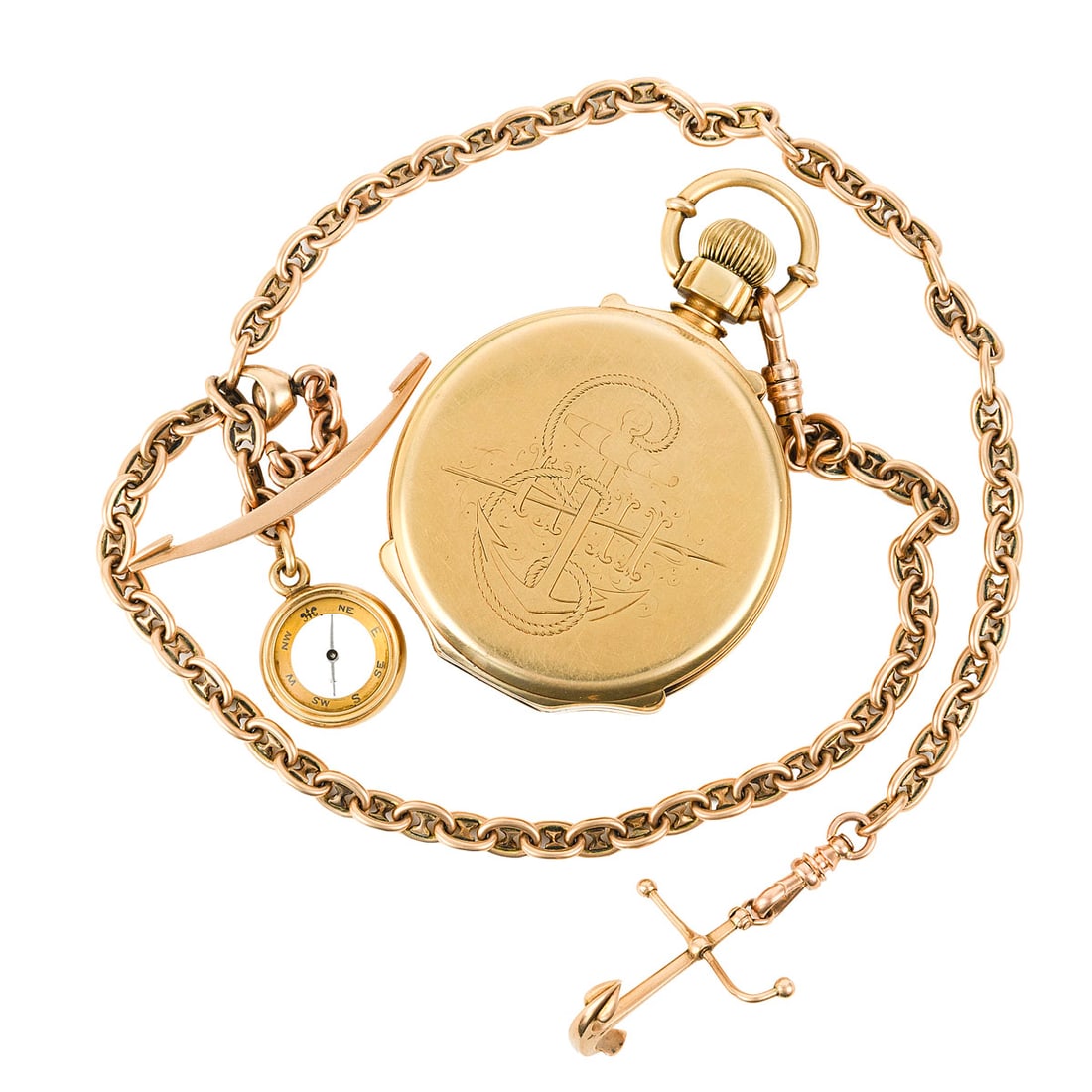 Henry H. Ellis's 18K E. Howard & Co. Presentation Pocket Watch with Chain, Dated 1877: ** The weight of the pocket watch is 134.9 grams on its own. The weight of the chain and compass is 53.9 grams.An important American 18K gold E. Howard & Co. Boston presentation pocket watch, given to