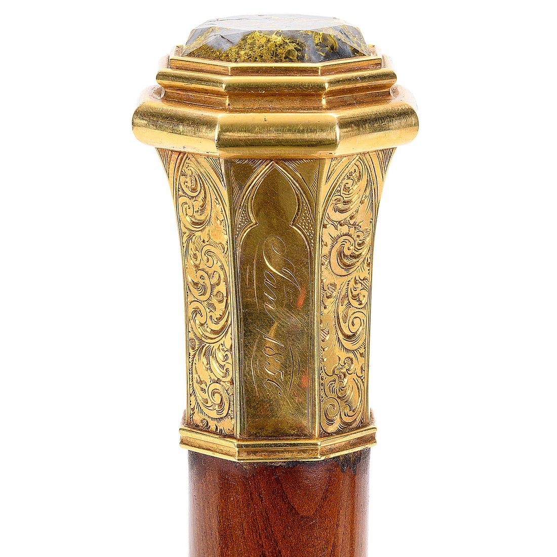 1856 San Francisco Gold Quartz Presentation Cane: An important California Gold Rush presentation cane featuring an octagonal gold head with ornate jeweler-engraved scrollwork and a gold quartz top, inscribed "Presented to Hiram Niles by Ferris Waldro