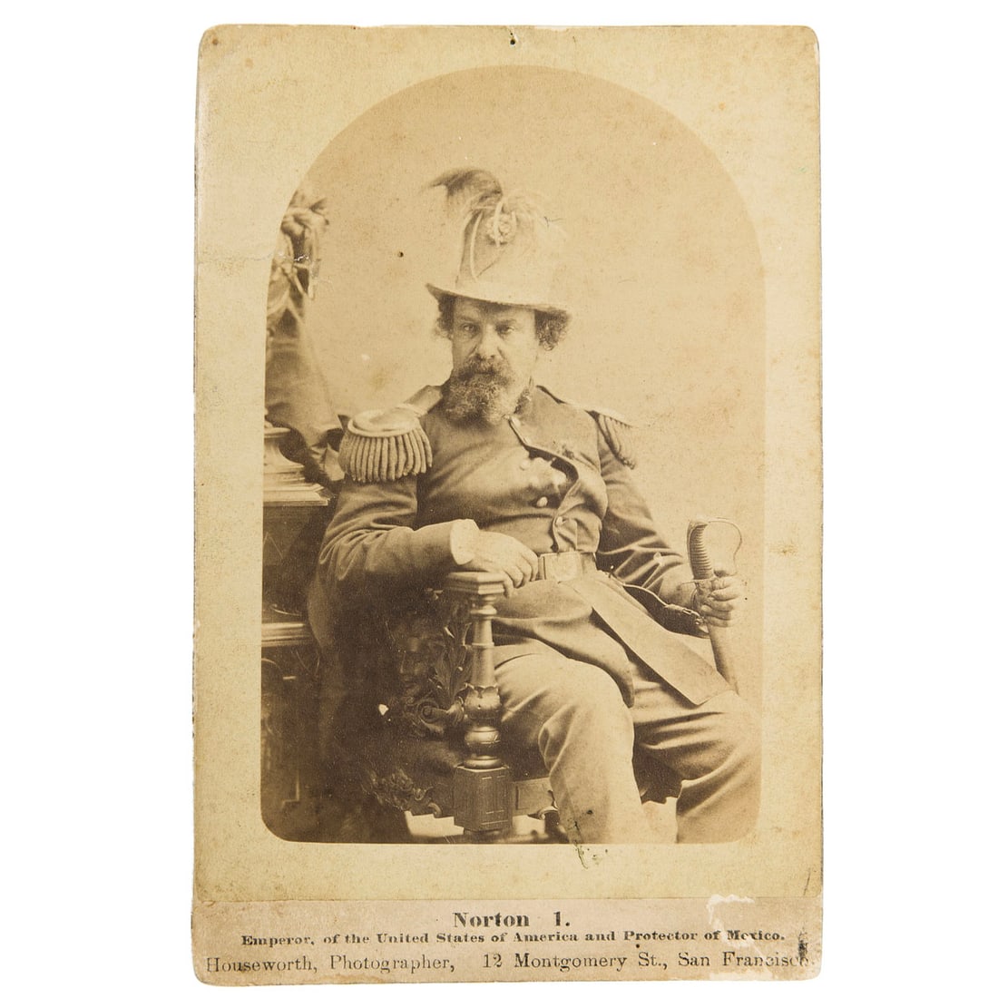 Emperor Norton I Cabinet Card by Houseworth's, ca. 1870s: A studio cabinet card portrait of Emperor Norton I, the eccentric self-proclaimed Emperor of the United States and Protector of Mexico. This seated image shows Norton in full uniform with epaulets,