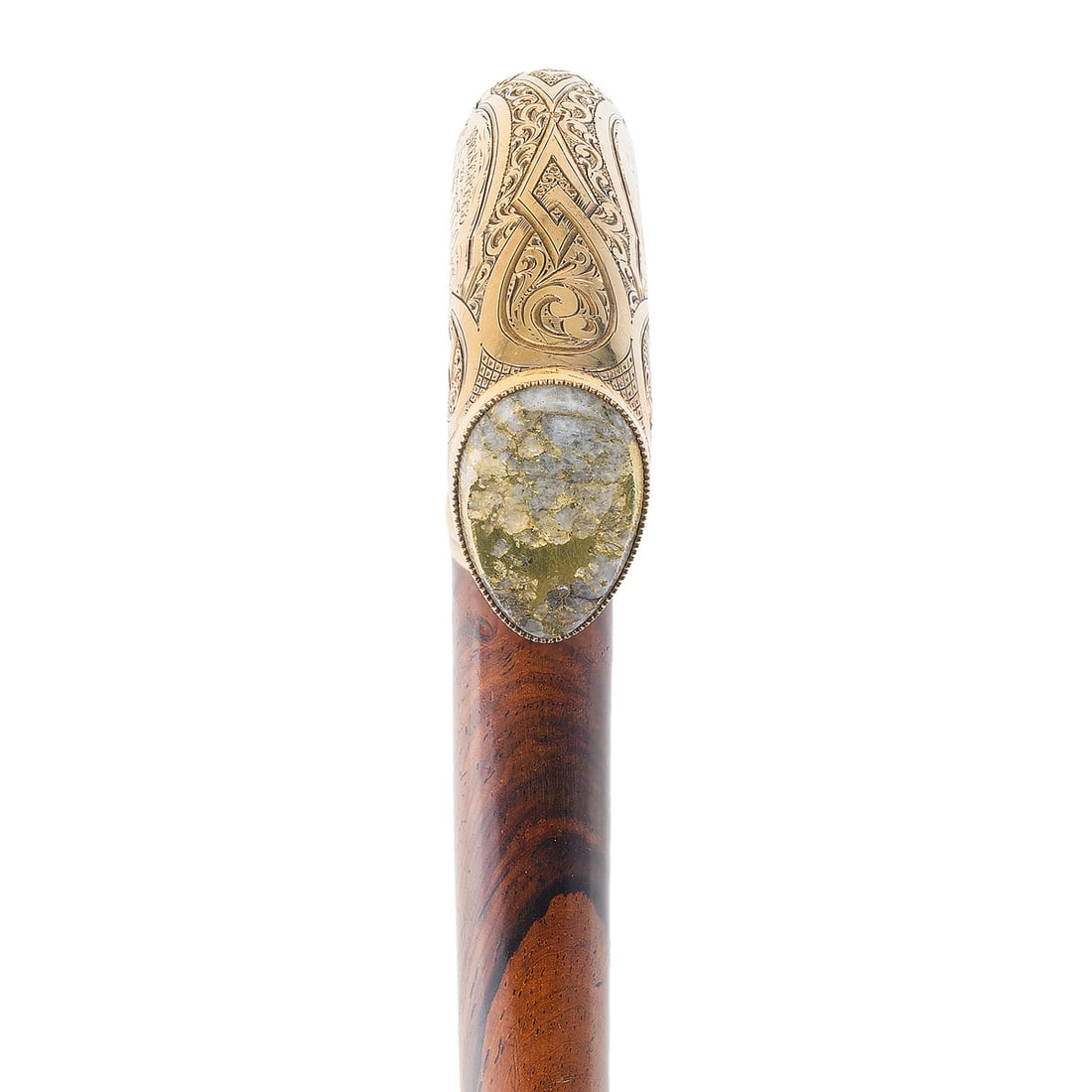 Gold and Gold Quartz Presentation Cane to Hon. S. J. Tilden, ca. 1870s: A heavy, 14k gold presentation cane featuring a curved, hand-engraved handle and inlaid native gold-bearing quartz, mounted atop a polished rosewood shaft with steel ferrule. The engraving is in the p
