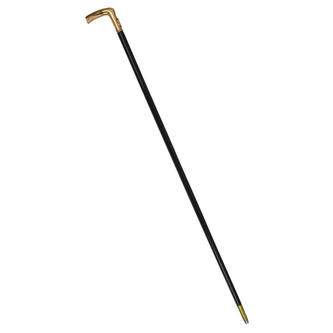 Gold and Gold Quartz Presentation Cane, Late 19th Century: A fine presentation walking cane featuring a 14k gold L-shaped handle engraved with scrolls, banners, and patriotic motifs, finished with a polished California gold quartz end cap. The back of the han