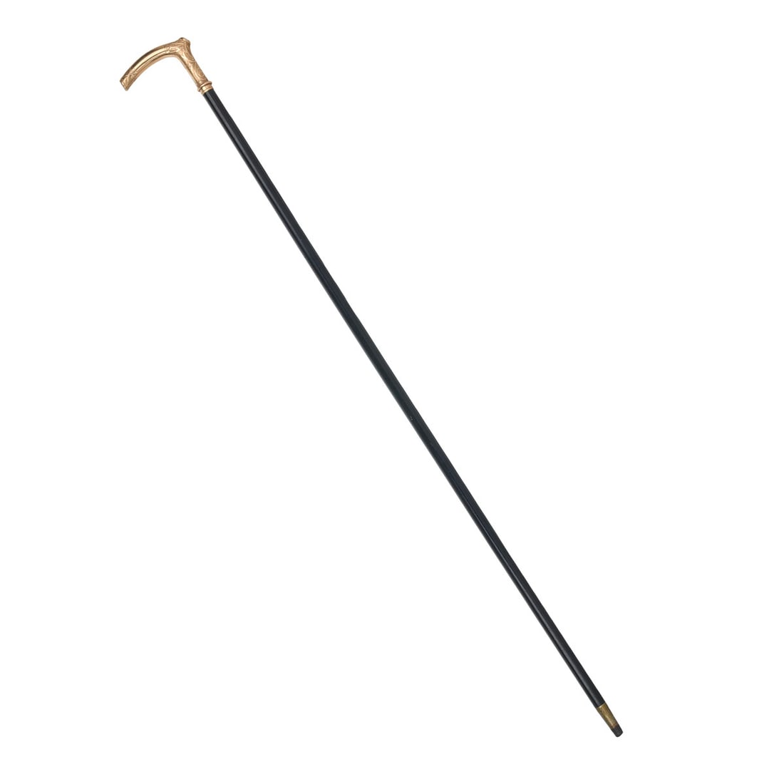 Gold and Gold Quartz Walking Stick, ca. 1870s: A finely engraved 10k yellow gold handle crowns this California walking stick, featuring intricate panels of scrollwork and diamond lozenges with foliate flourishes in the post-Civil War engraving sty