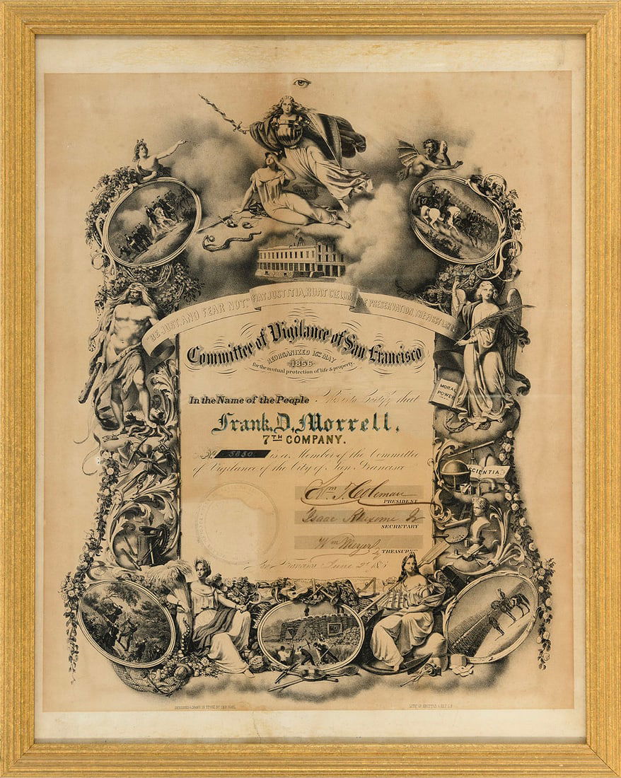Charles Christian Nahl & Britton & Rey, San Francisco Committee of Vigilance of San Francisco: A rare and highly important original lithographed membership certificate issued by the San Francisco Committee of Vigilance during its 1856 reorganization. The central text certifies the membership